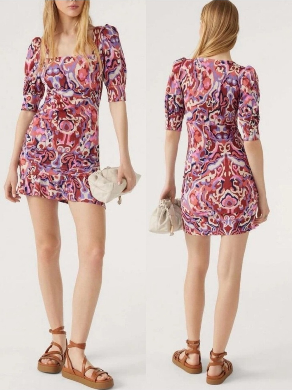 BA&SH Robe Sody Beachy Feminine Ruffle Lady Printed Ruched Minidress